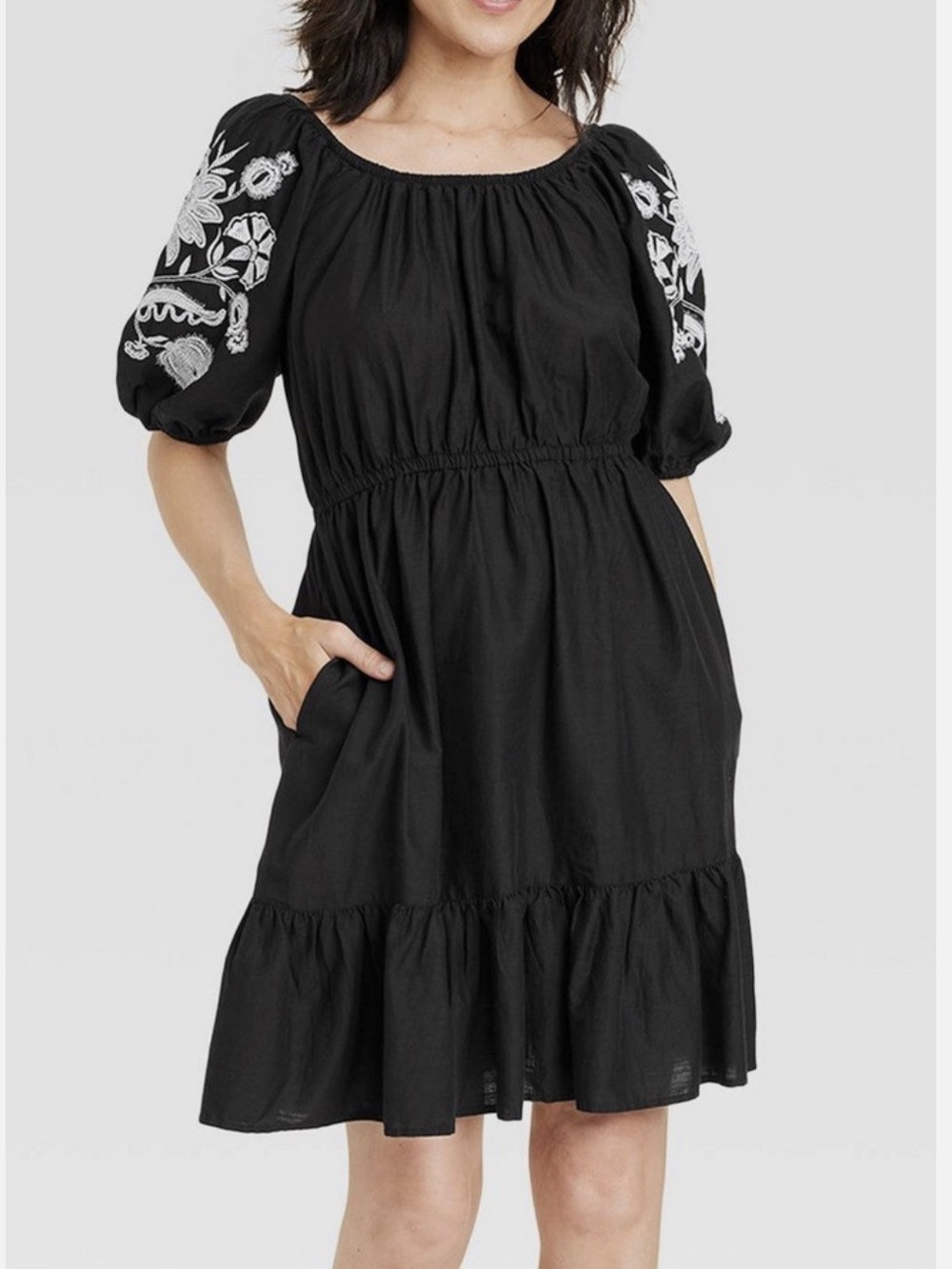 Knox Rose Black White Embroidered Peasant Dress With Pockets 2X
